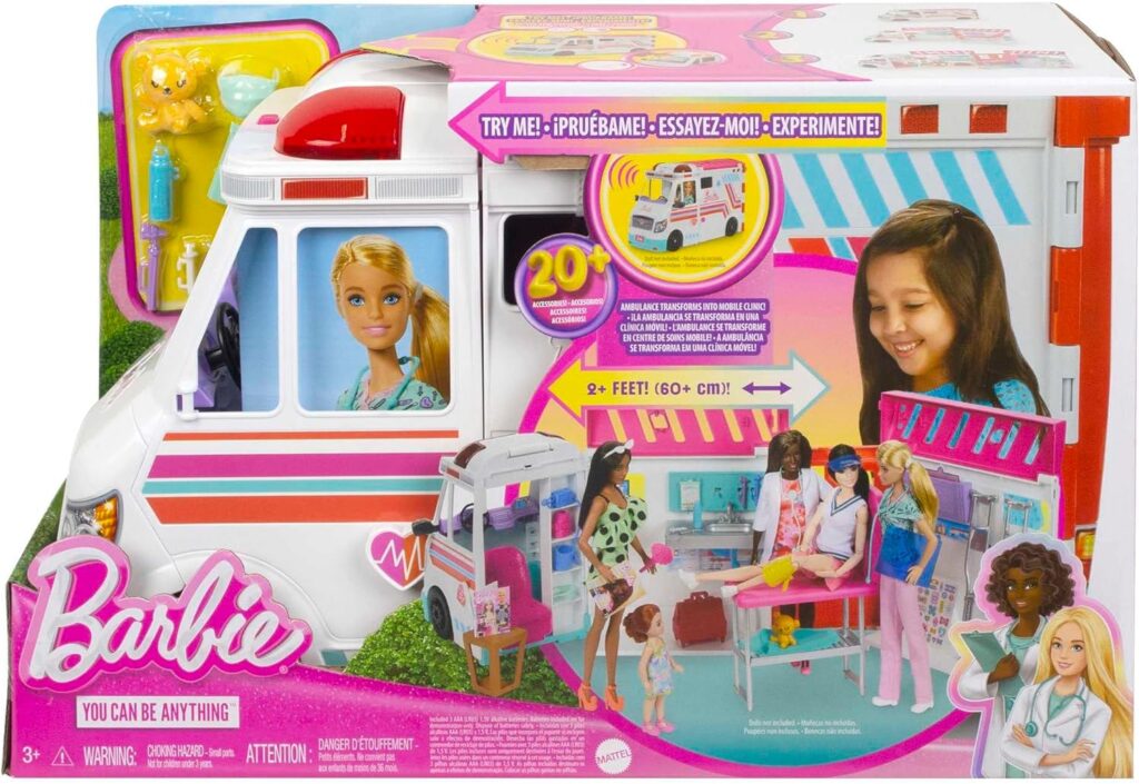 Barbie Ambulance and Hospital Playset, Emergency Vehicle with Lights and Sounds Transforms into Care Clinic, 20 Doll Accessories, Toys for Ages 3 and Up, One Barbie Vehicle, HKT79