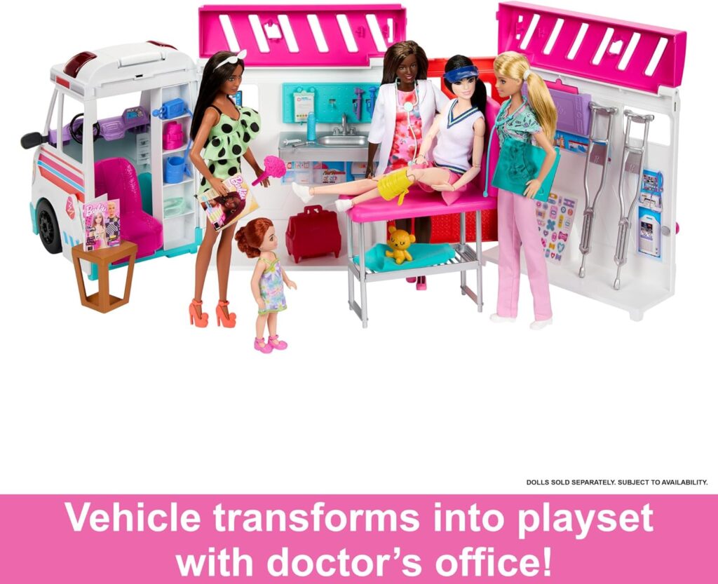 Barbie Ambulance and Hospital Playset, Emergency Vehicle with Lights and Sounds Transforms into Care Clinic, 20 Doll Accessories, Toys for Ages 3 and Up, One Barbie Vehicle, HKT79