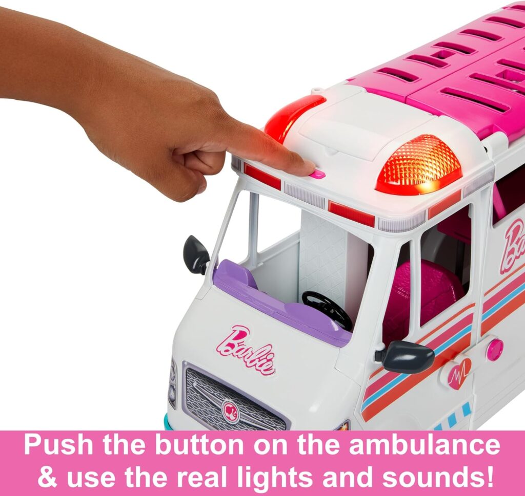 Barbie Ambulance and Hospital Playset, Emergency Vehicle with Lights and Sounds Transforms into Care Clinic, 20 Doll Accessories, Toys for Ages 3 and Up, One Barbie Vehicle, HKT79