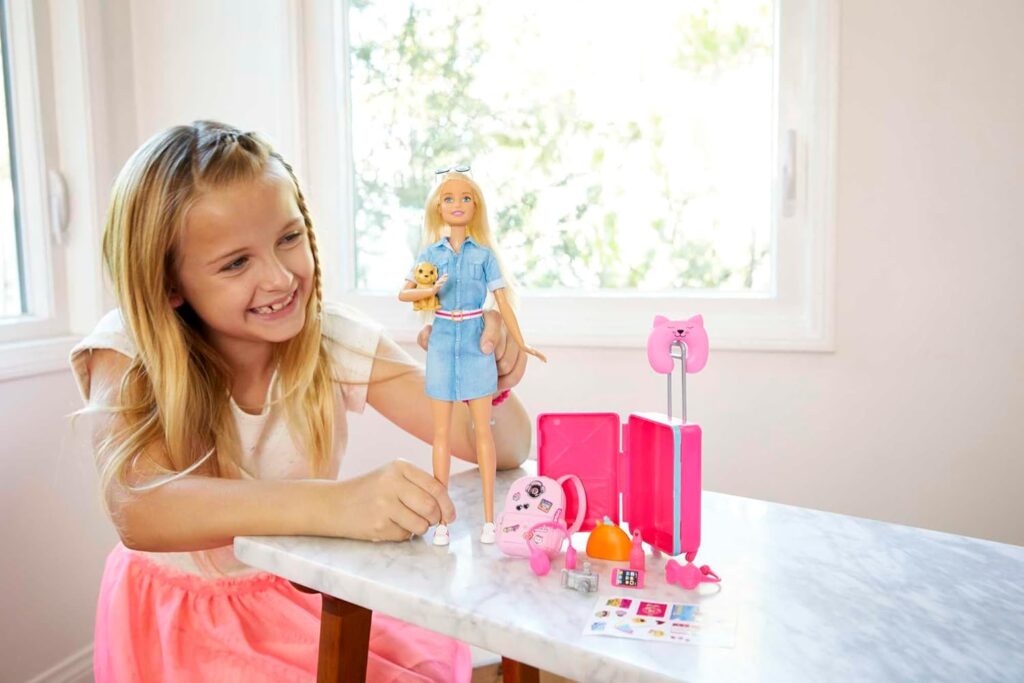 Barbie Doll and Accessories, “Malibu” Travel Set with Puppy and 10+ Pieces Including Working Suitcase, HJY18