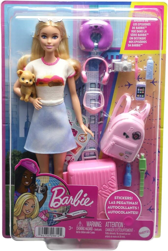 Barbie Doll and Accessories, “Malibu” Travel Set with Puppy and 10+ Pieces Including Working Suitcase, HJY18
