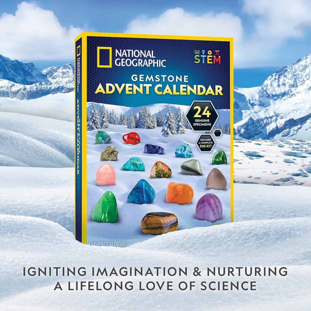 NATIONAL GEOGRAPHIC Gemstone Advent Calendar 2023 - Advent Calendar for Kids with 24 Gemstones, Complete Rock Collection Christmas Countdown Calendar, Mini Gemstone Dig Kit (English-Only Version)