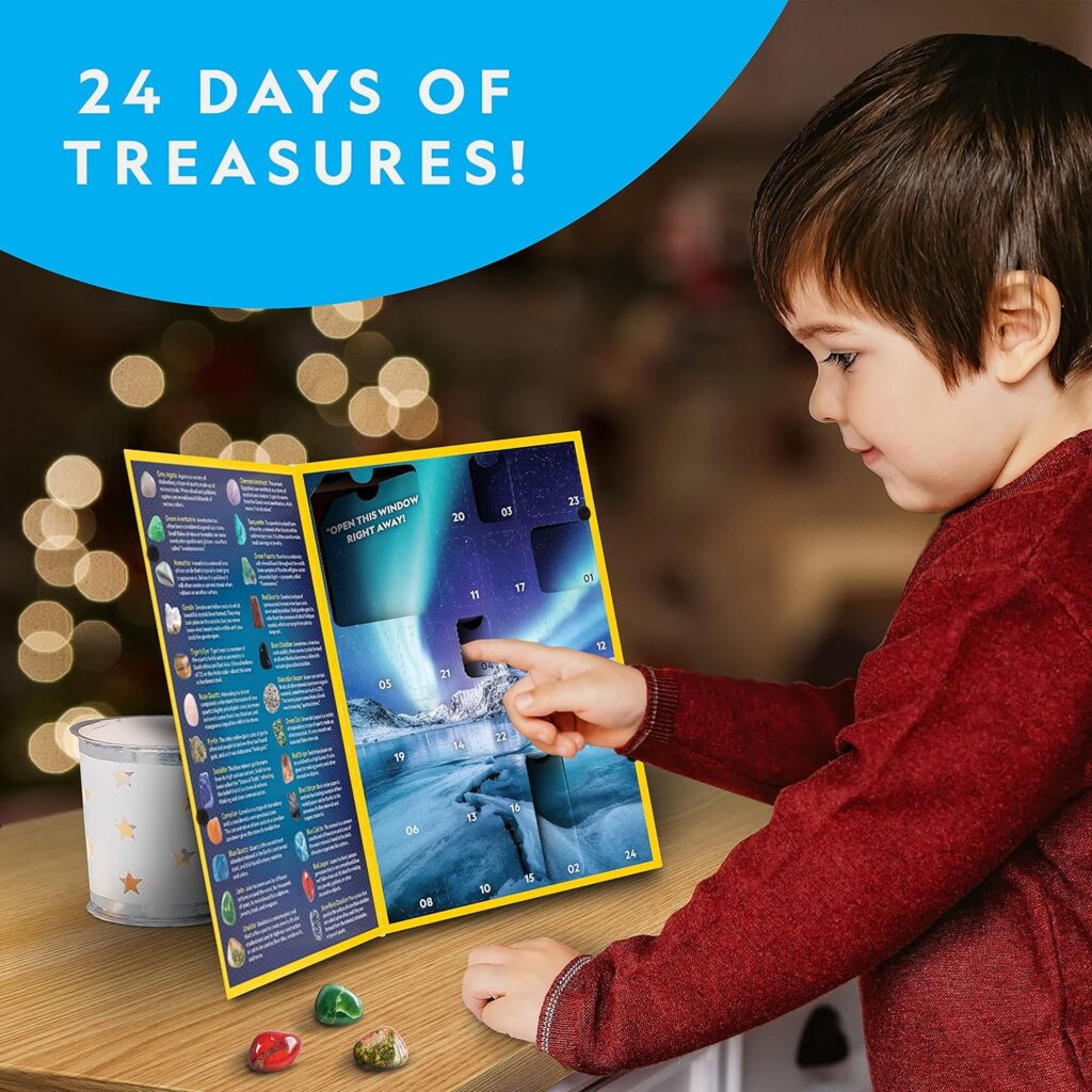 NATIONAL GEOGRAPHIC Gemstone Advent Calendar 2023 - Advent Calendar for Kids with 24 Gemstones, Complete Rock Collection Christmas Countdown Calendar, Mini Gemstone Dig Kit (English-Only Version)
