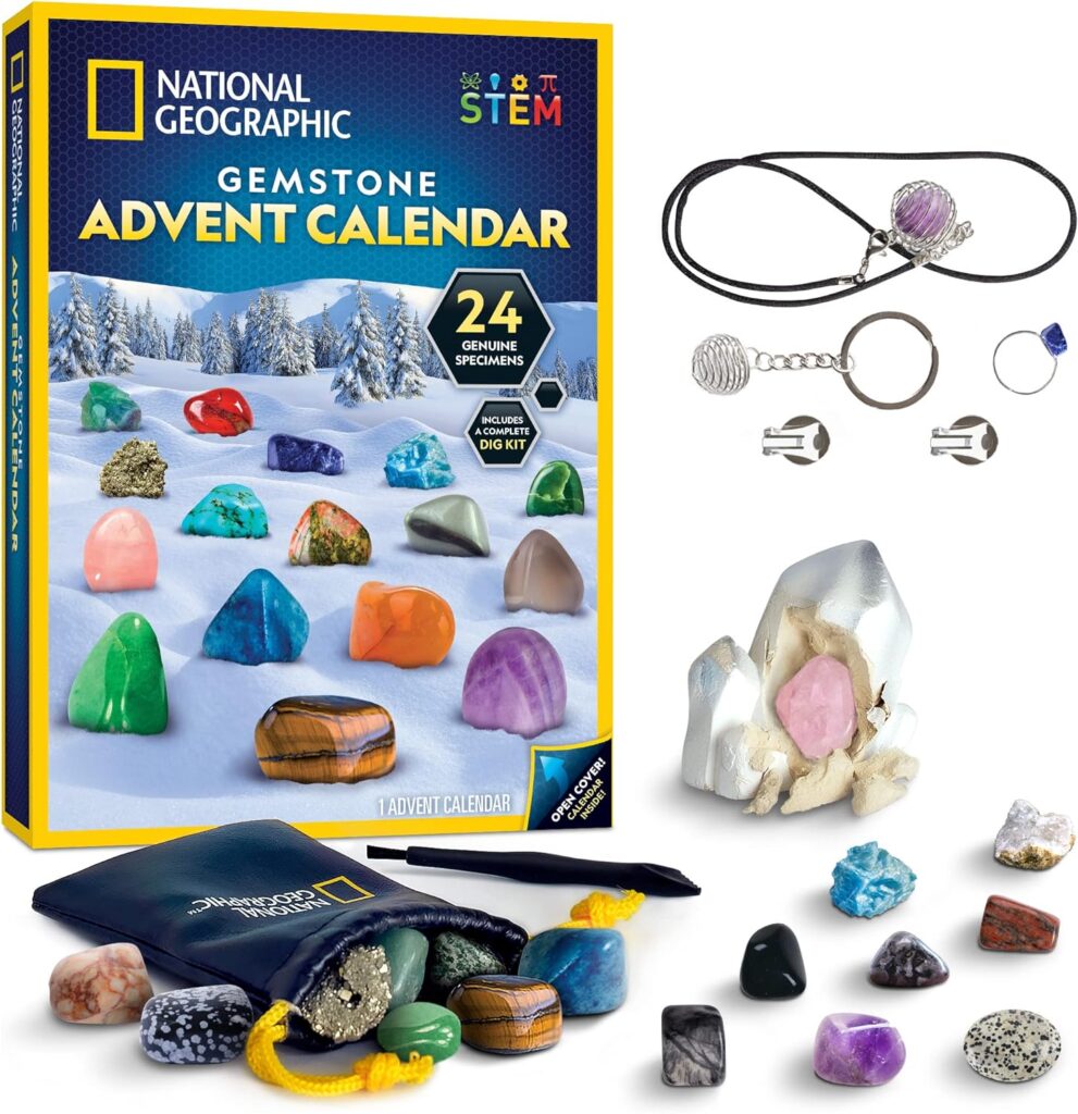NATIONAL GEOGRAPHIC Gemstone Advent Calendar 2023 - Advent Calendar for Kids with 24 Gemstones, Complete Rock Collection Christmas Countdown Calendar, Mini Gemstone Dig Kit (English-Only Version)