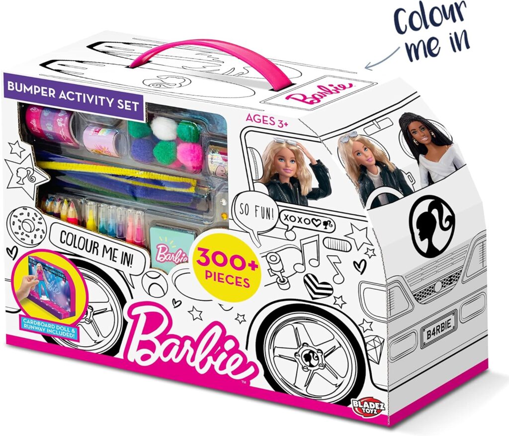 Barbie Bumper Activity Set, Arts and Crafts, Licensed Stationary Set with pens and stickers, Colour-in Camper Van, 300+ pieces, Creative Maker Kitz by Bladez Toyz
