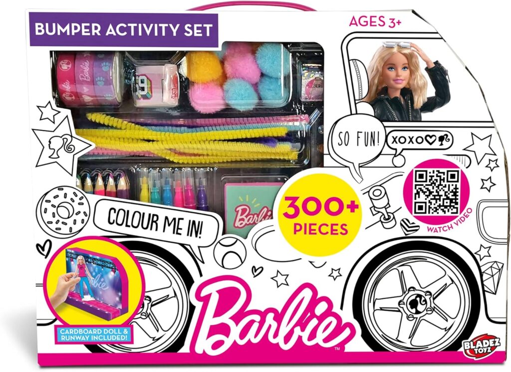 Barbie Bumper Activity Set, Arts and Crafts, Licensed Stationary Set with pens and stickers, Colour-in Camper Van, 300+ pieces, Creative Maker Kitz by Bladez Toyz