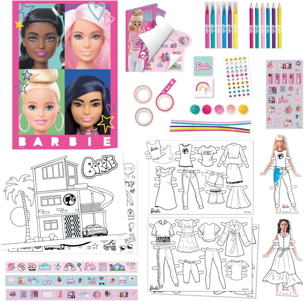 Barbie Bumper Activity Set, Arts and Crafts, Licensed Stationary Set with pens and stickers, Colour-in Camper Van, 300+ pieces, Creative Maker Kitz by Bladez Toyz