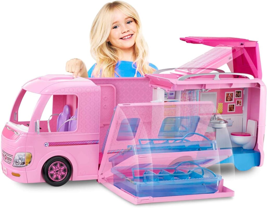 Barbie Camper, Transforming RV Vehicle, Doll Playset with 50 Accessories, Includes Waterslide, 2 Hammocks, Canopy Bed Fireplace, Dream Camper, for Kids 3 to 7 Years Old, FBR34 Barbie Camper, Transforming RV Vehicle, Doll Playset with 50 Accessories, Includes Waterslide, 2 Hammocks, Canopy Bed Fireplace, Dream Camper, for Kids 3 to 7 Years Old, FBR34