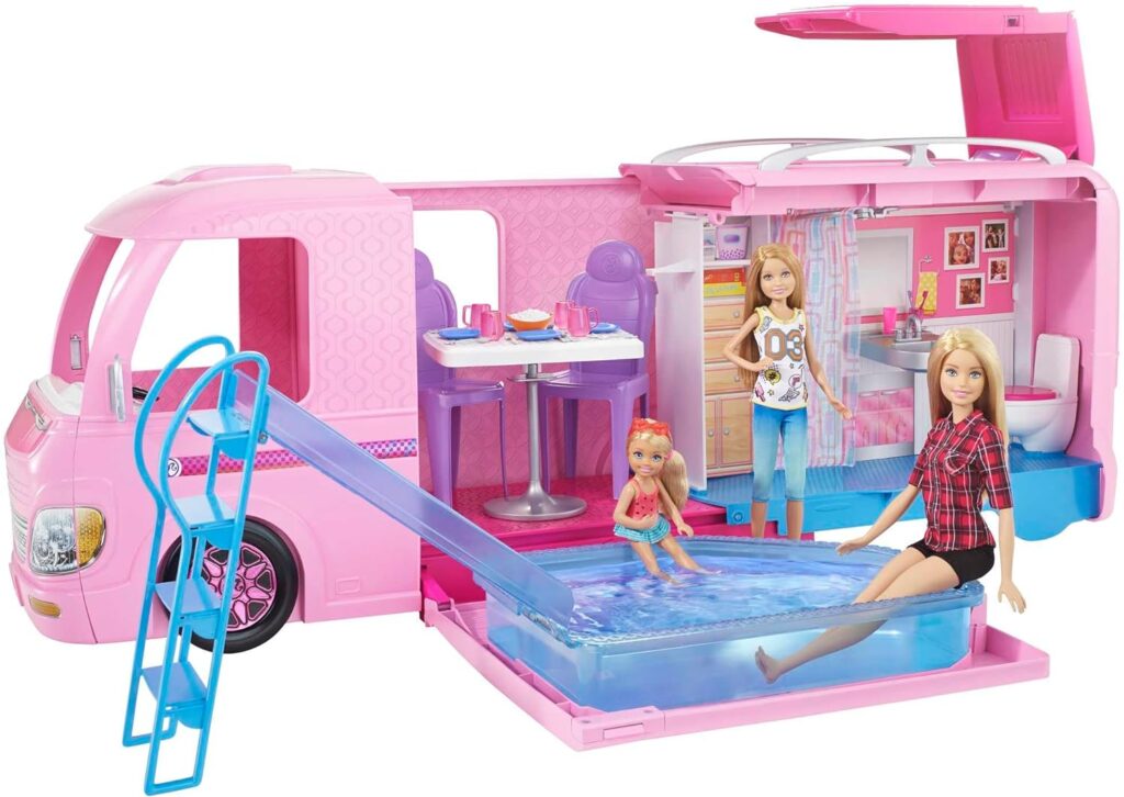 Barbie Camper, Transforming RV Vehicle, Doll Playset with 50 Accessories, Includes Waterslide, 2 Hammocks, Canopy Bed Fireplace, Dream Camper, for Kids 3 to 7 Years Old, FBR34 Barbie Camper, Transforming RV Vehicle, Doll Playset with 50 Accessories, Includes Waterslide, 2 Hammocks, Canopy Bed Fireplace, Dream Camper, for Kids 3 to 7 Years Old, FBR34
