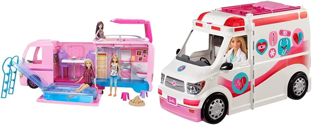 Barbie Camper, Transforming RV Vehicle, Doll Playset with 50 Accessories, Includes Waterslide, 2 Hammocks, Canopy Bed Fireplace, Dream Camper, for Kids 3 to 7 Years Old, FBR34 Barbie Camper, Transforming RV Vehicle, Doll Playset with 50 Accessories, Includes Waterslide, 2 Hammocks, Canopy Bed Fireplace, Dream Camper, for Kids 3 to 7 Years Old, FBR34