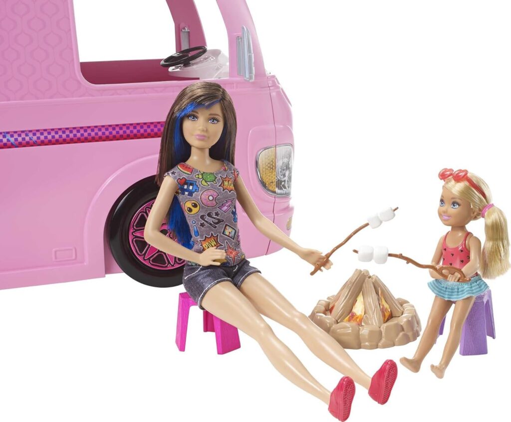 Barbie Camper, Transforming RV Vehicle, Doll Playset with 50 Accessories, Includes Waterslide, 2 Hammocks, Canopy Bed Fireplace, Dream Camper, for Kids 3 to 7 Years Old, FBR34 Barbie Camper, Transforming RV Vehicle, Doll Playset with 50 Accessories, Includes Waterslide, 2 Hammocks, Canopy Bed Fireplace, Dream Camper, for Kids 3 to 7 Years Old, FBR34