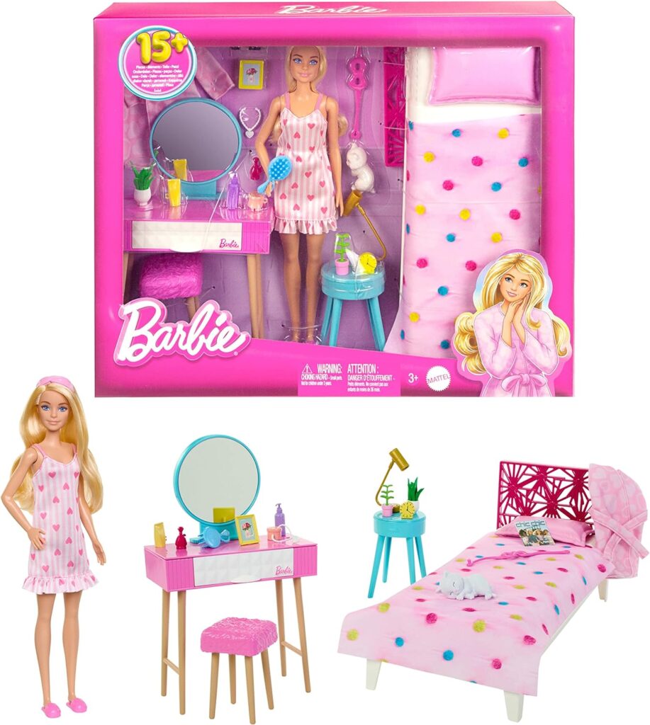 Barbie - Doll and Bedroom Playset, Barbie Furniture and 20+ Storytelling Accessories Including Robe and Kitten, HPT55