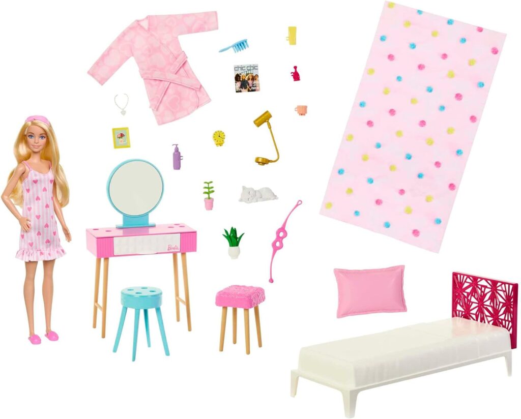 Barbie - Doll and Bedroom Playset, Barbie Furniture and 20+ Storytelling Accessories Including Robe and Kitten, HPT55