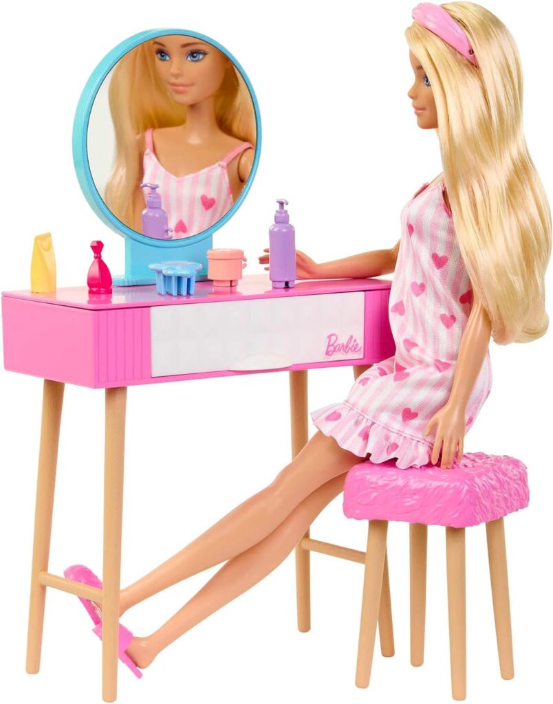 Barbie - Doll and Bedroom Playset, Barbie Furniture and 20+ Storytelling Accessories Including Robe and Kitten, HPT55
