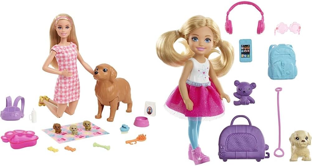 Barbie Doll and Pets Playset, Blonde Barbie Doll with Mommy Dog and 3 Puppies, Colour Changing Features and Barbie Pet Accessories, Toys for Ages 3 and Up, One Doll with Dogs, HCK75