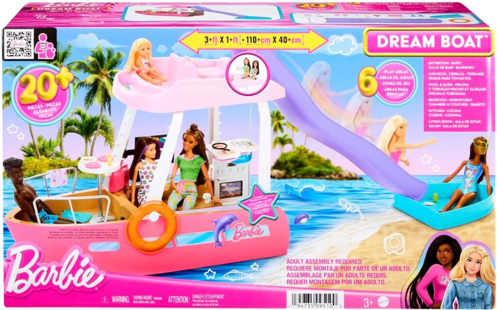 Barbie Dream Boat, Pink Barbie Boat with 6 Play Areas Including Barbie Pool and Slide, 20 Doll Accessories, Toy Puppy and Dolphin, Adult Assembly Required, Toys for Ages 3 and Up, One Boat, HJV37