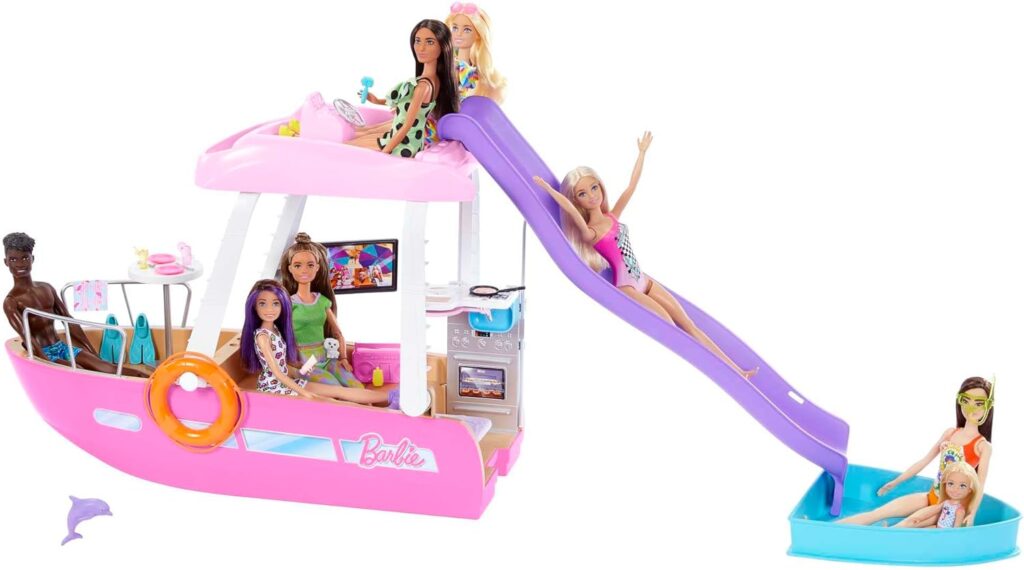 Barbie Dream Boat, Pink Barbie Boat with 6 Play Areas Including Barbie Pool and Slide, 20 Doll Accessories, Toy Puppy and Dolphin, Adult Assembly Required, Toys for Ages 3 and Up, One Boat, HJV37