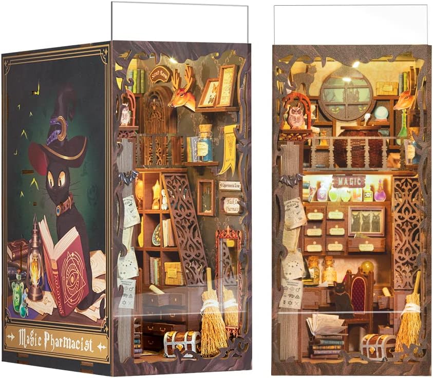CUTEBEE DIY Book Nook Dollhouse Kit with Dust Cover,Bookshelf Insert DIY Miniature House Kit Booknook Bookend Stand Bookcase Model Build Creativity Kit Decor Alley with LED Light (Magic Pharmacist)