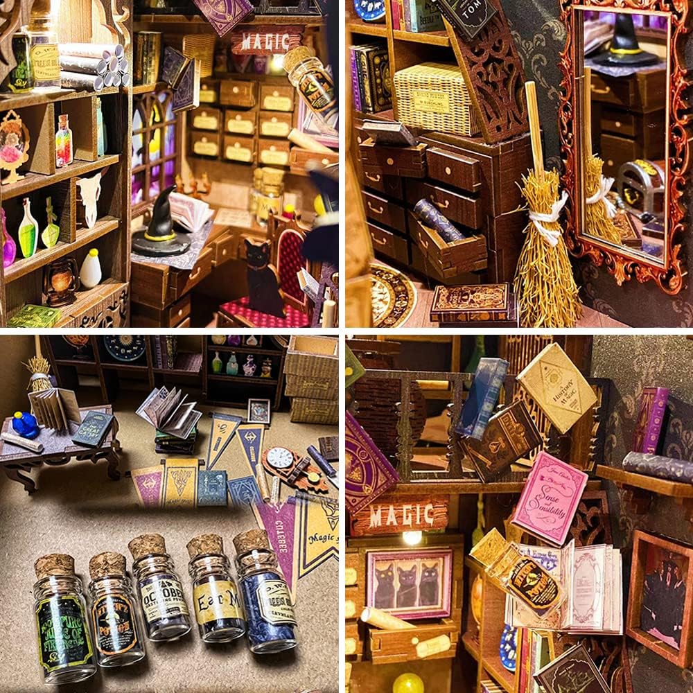 CUTEBEE DIY Book Nook Dollhouse Kit with Dust Cover,Bookshelf Insert DIY Miniature House Kit Booknook Bookend Stand Bookcase Model Build Creativity Kit Decor Alley with LED Light (Magic Pharmacist)