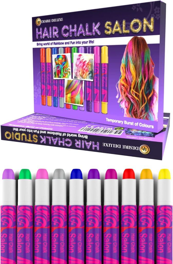 Desire Deluxe Hair Chalk Gift for Girls - 10 Temporary Non-Toxic Easy Washable Hair Dye Colourful, Metallic, Glitter Pens - Great Games Birthday Girls