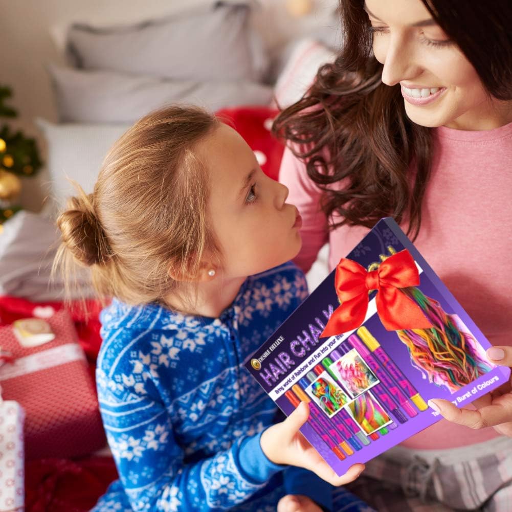 Desire Deluxe Hair Chalk Gift for Girls - 10 Temporary Non-Toxic Easy Washable Hair Dye Colourful, Metallic, Glitter Pens - Great Games Birthday Girls