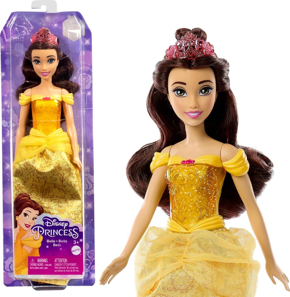 Disney Princess Dolls, New for 2023, Belle Posable Fashion Doll with Sparkling Clothing and Accessories, Disney Movie Toys, HLW11