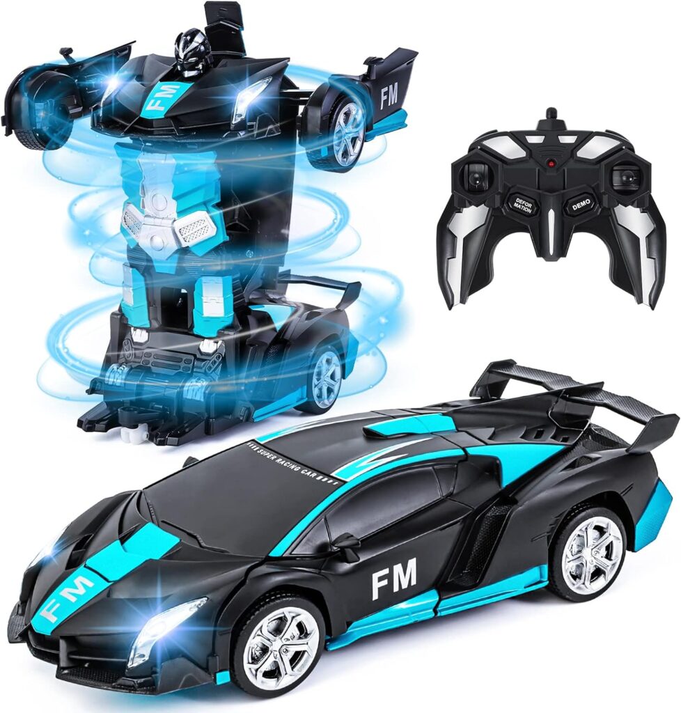 Eutionho 2.4G Remote Control Transforming Car, 2 in 1 Car Toys 360° Rotating RC Car Transforming Robot RC Racing Car Vehicle Toy with LED Light for Kids Birthday Childrens Day（Blue）