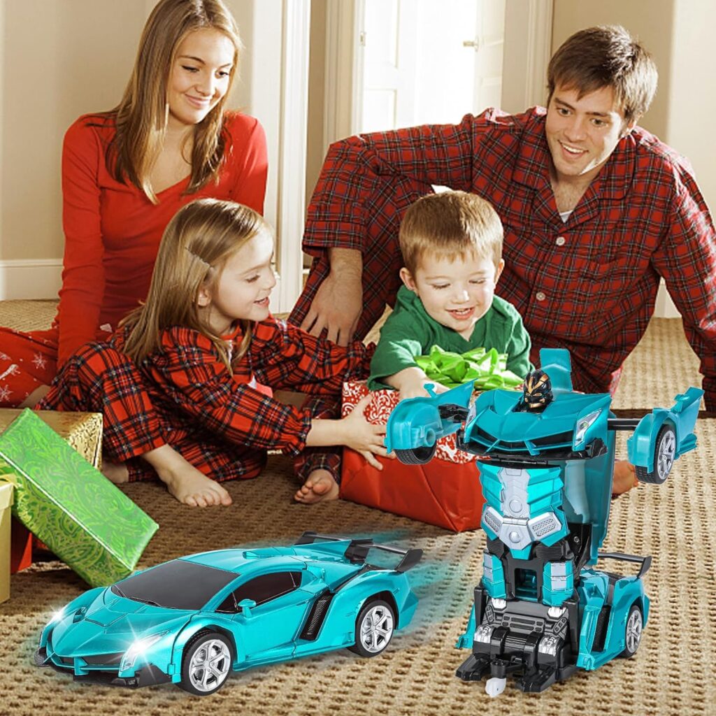 Eutionho 2.4G Remote Control Transforming Car, 2 in 1 Car Toys 360° Rotating RC Car Transforming Robot RC Racing Car Vehicle Toy with LED Light for Kids Birthday Childrens Day（Blue）