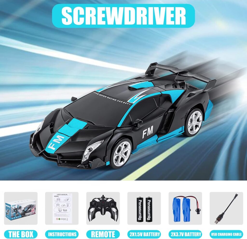 Eutionho 2.4G Remote Control Transforming Car, 2 in 1 Car Toys 360° Rotating RC Car Transforming Robot RC Racing Car Vehicle Toy with LED Light for Kids Birthday Childrens Day（Blue）