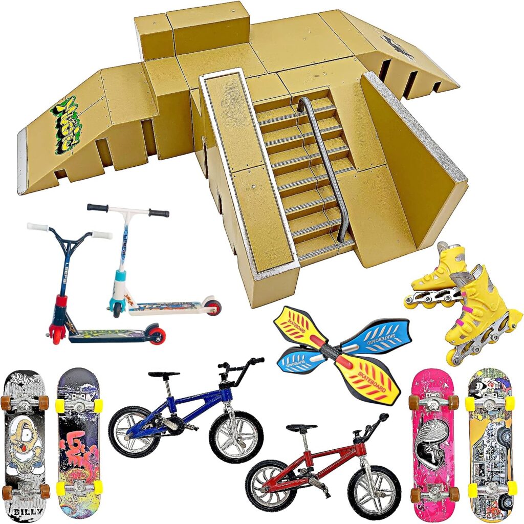 Finger Skateboard Ramp Set – Finger Skatepark Kit 16 Pieces – Skate Park Kit Including Skateboards, Ramps, Scooters, Skates, Bikes and Caster Boards – Fingerboard Skate Set