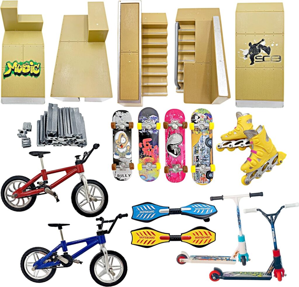 Finger Skateboard Ramp Set – Finger Skatepark Kit 16 Pieces – Skate Park Kit Including Skateboards, Ramps, Scooters, Skates, Bikes and Caster Boards – Fingerboard Skate Set
