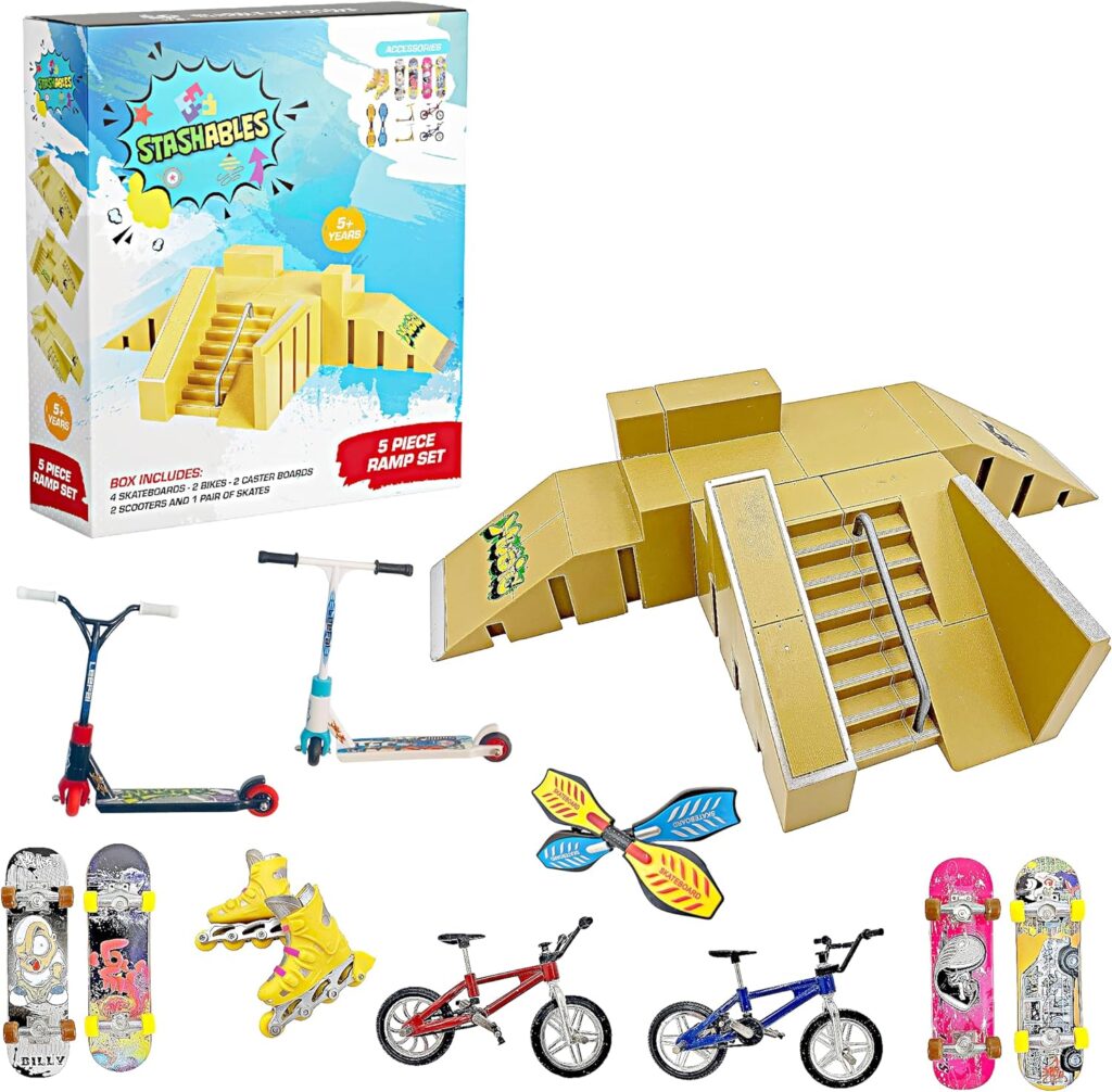 Finger Skateboard Ramp Set – Finger Skatepark Kit 16 Pieces – Skate Park Kit Including Skateboards, Ramps, Scooters, Skates, Bikes and Caster Boards – Fingerboard Skate Set