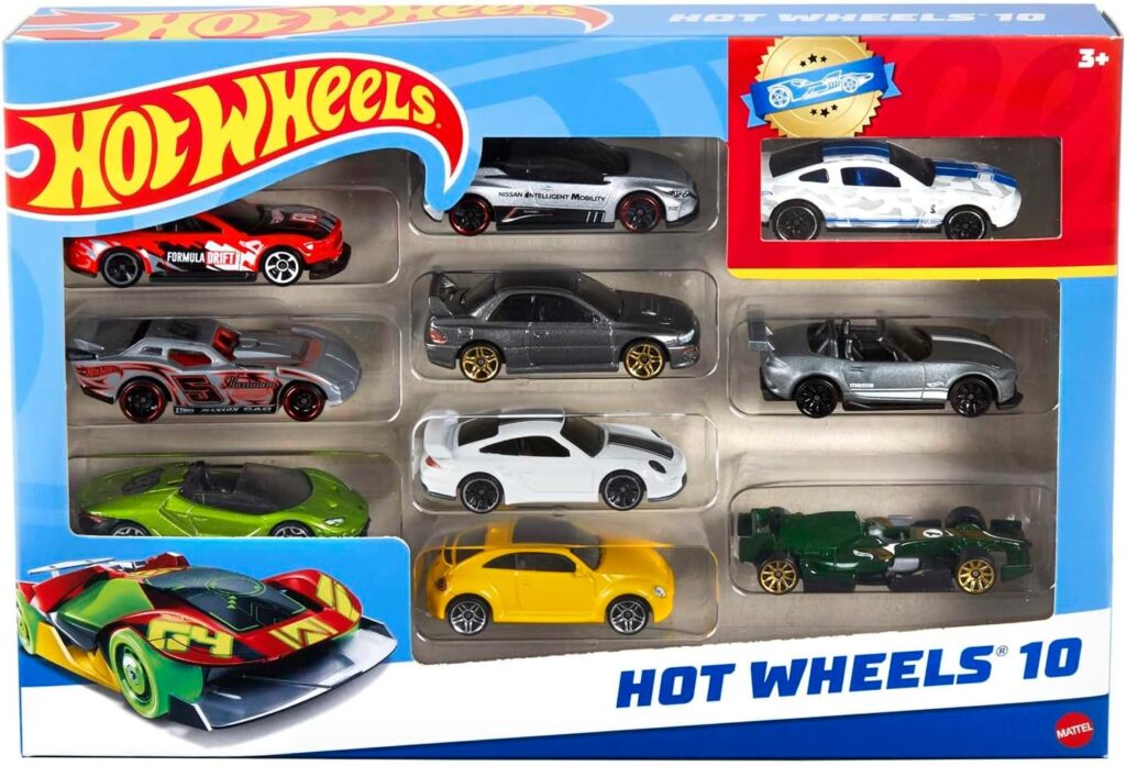Hot Wheels Toy Cars  Trucks in 1:64 Scale, Set of 10, Multipack of Die-Cast Race or Police Cars, Hot Rods, Firetrucks or Vans (Styles May Vary), 54886