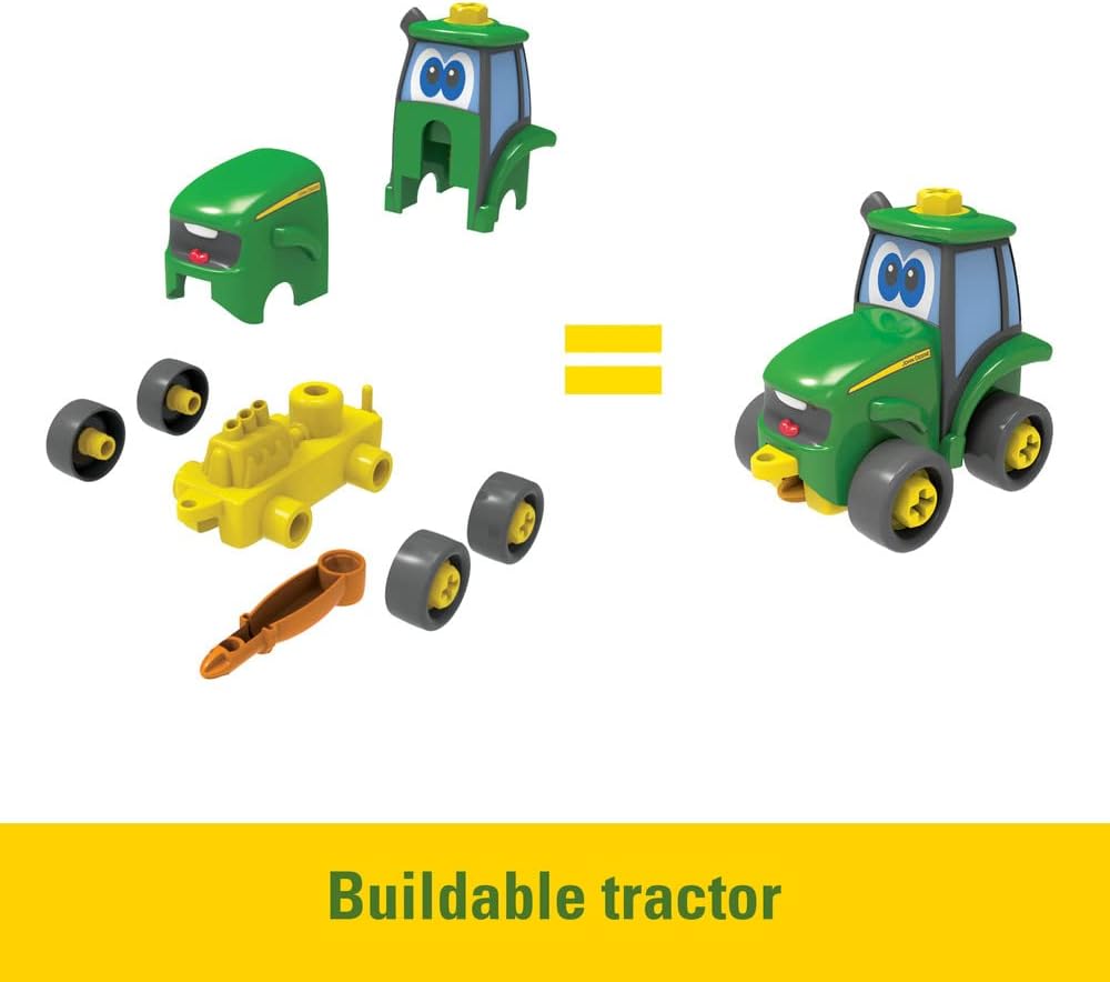 John Deere Build A Johnny Tractor, 16 Piece Building Farm Toy Car, Tractor Toy With Motorised Drill For 18 Months, 2, 3 and 4 Years Old Boys and Girls