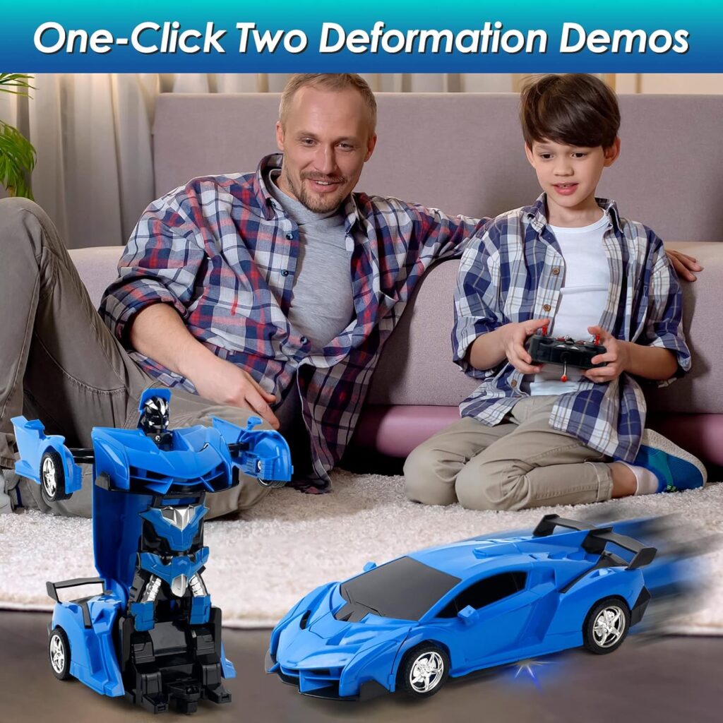 Kizeefun Remote Control Car, Transforming RC Car for Kids 2 in 1 Rechargeable Robot Racing, 1:18 RC Stunt Car with Flashing Lights and 360°Rotation for Boys