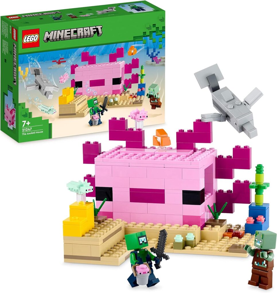 LEGO 21247 Minecraft The Axolotl House Set, Buildable Underwater Base with Diver Explorer, Zombie plus Dolphin and Puffer Fish Figures, Adventure Toys for Kids, Girls, Boys Aged 7 Plus
