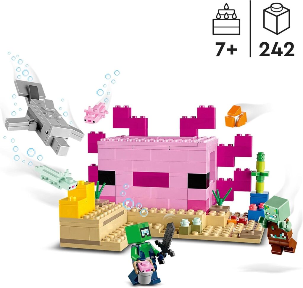 LEGO 21247 Minecraft The Axolotl House Set, Buildable Underwater Base with Diver Explorer, Zombie plus Dolphin and Puffer Fish Figures, Adventure Toys for Kids, Girls, Boys Aged 7 Plus