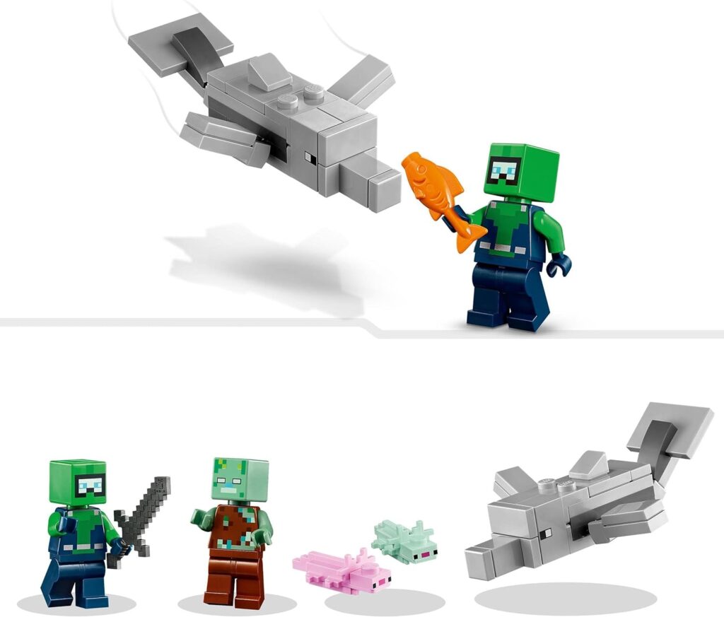 LEGO 21247 Minecraft The Axolotl House Set, Buildable Underwater Base with Diver Explorer, Zombie plus Dolphin and Puffer Fish Figures, Adventure Toys for Kids, Girls, Boys Aged 7 Plus