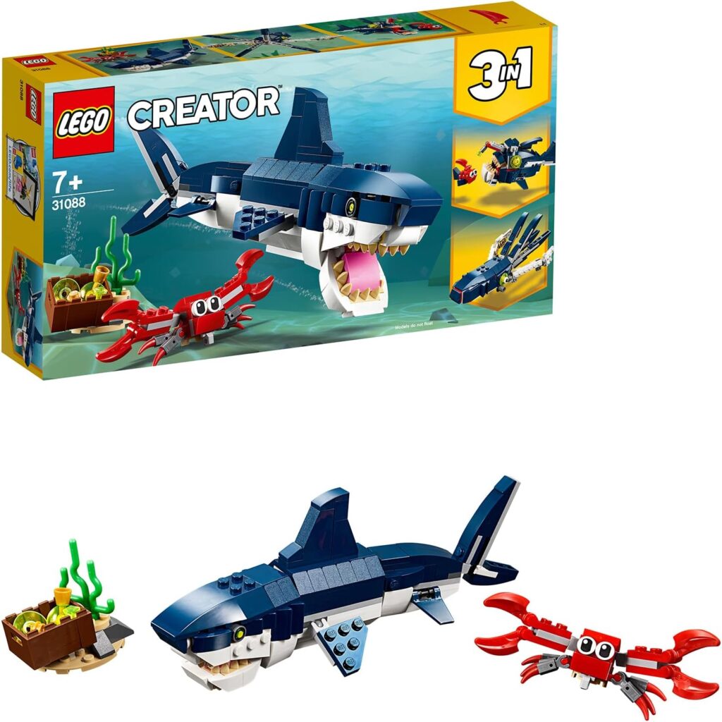 LEGO 31088 Creator 3in1 Deep Sea Creatures: Shark, Crab, Squid or Angler Fish Sea Animal Toys, Christmas Treat, Figures Set, Gifts for 7 Plus Year Old Girls and Boys