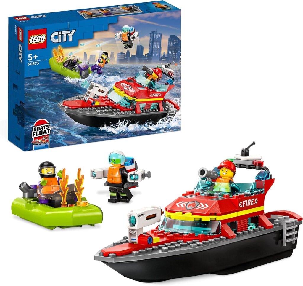 LEGO 60373 City Fire Rescue Boat Toy, Floats on Water, with Jetpack, Dinghy and 3 Minifigures, Everyday Hero Toys for Boys and Girls Aged 5+, Gift Idea LEGO 60373 City Fire Rescue Boat Toy, Floats on Water, with Jetpack, Dinghy and 3 Minifigures, Everyday Hero Toys for Boys and Girls Aged 5+, Gift Idea