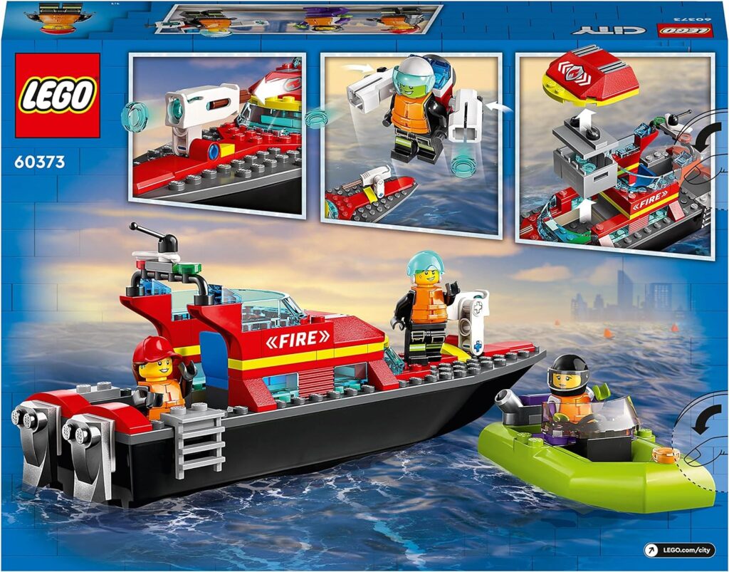 LEGO 60373 City Fire Rescue Boat Toy, Floats on Water, with Jetpack, Dinghy and 3 Minifigures, Everyday Hero Toys for Boys and Girls Aged 5+, Gift Idea LEGO 60373 City Fire Rescue Boat Toy, Floats on Water, with Jetpack, Dinghy and 3 Minifigures, Everyday Hero Toys for Boys and Girls Aged 5+, Gift Idea