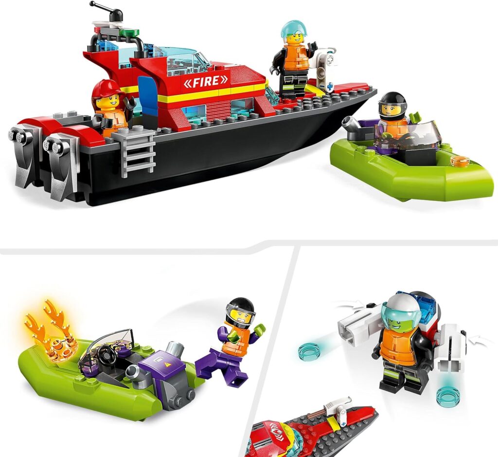 LEGO 60373 City Fire Rescue Boat Toy, Floats on Water, with Jetpack, Dinghy and 3 Minifigures, Everyday Hero Toys for Boys and Girls Aged 5+, Gift Idea LEGO 60373 City Fire Rescue Boat Toy, Floats on Water, with Jetpack, Dinghy and 3 Minifigures, Everyday Hero Toys for Boys and Girls Aged 5+, Gift Idea