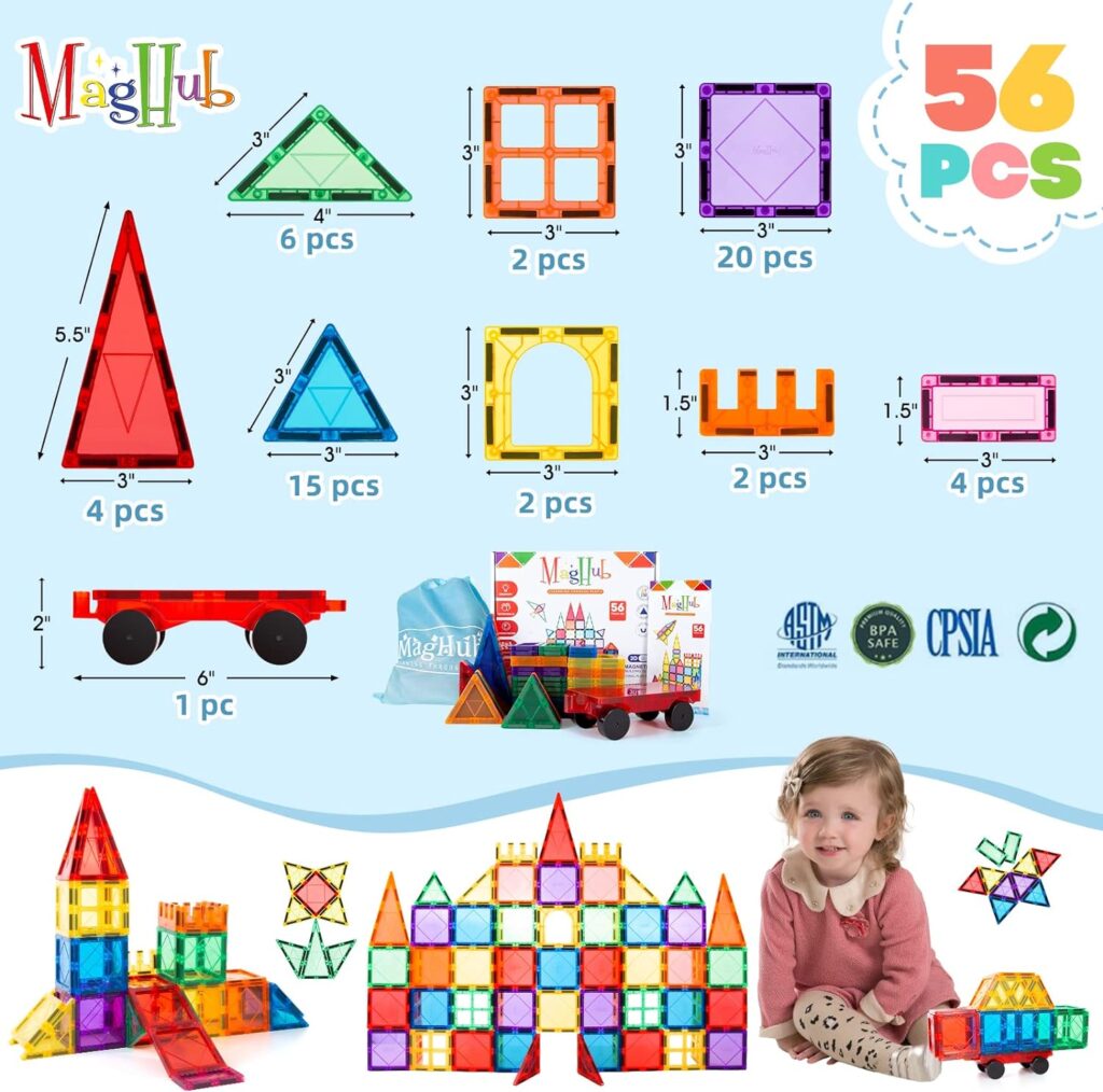 MagHub Magnetic Building Blocks 56PCS Kids Magnetic Tiles, Clear 3D Magnets for Kids Magnet Tiles Preschool Magnetic Toys, Building Construction STEM Educational Toys for 3+ Years Old Boys and Girls