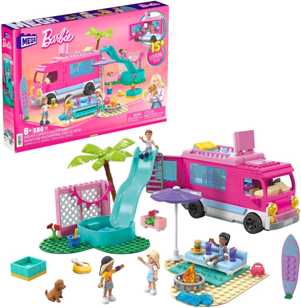 MEGA Barbie Car Building Toys Playset, Dream Camper Adventure with 580 pieces, 4 Micro-Dolls and Accessories, Pink, for Kids Age 6+ Years, HPN80 MEGA Barbie Car Building Toys Playset, Dream Camper Adventure with 580 pieces, 4 Micro-Dolls and Accessories, Pink, for Kids Age 6+ Years, HPN80
