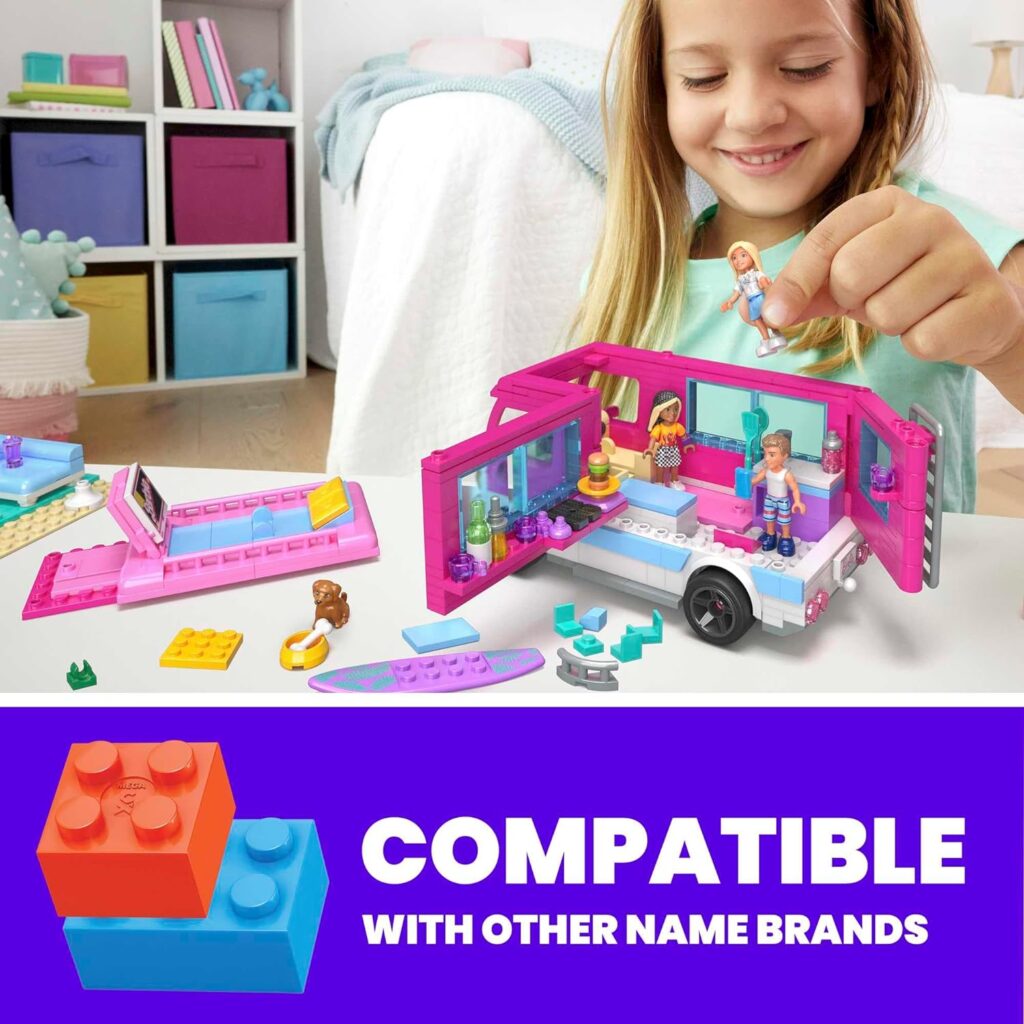 MEGA Barbie Car Building Toys Playset, Dream Camper Adventure with 580 pieces, 4 Micro-Dolls and Accessories, Pink, for Kids Age 6+ Years, HPN80 MEGA Barbie Car Building Toys Playset, Dream Camper Adventure with 580 pieces, 4 Micro-Dolls and Accessories, Pink, for Kids Age 6+ Years, HPN80