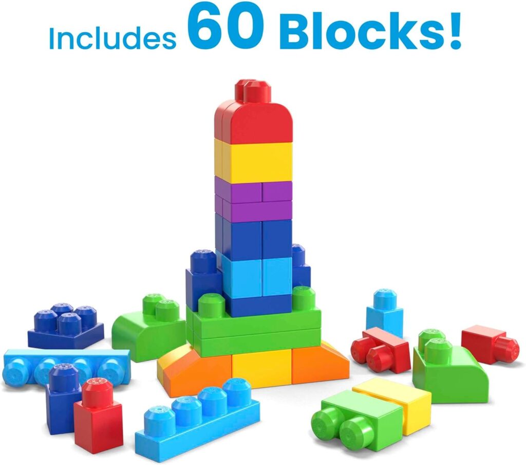 MEGA BLOKS Big Building Bag building set with 60 big and colorful building blocks, and 1 storage bag, toy gift set for ages 1 and up, DCH55