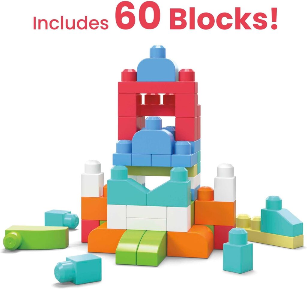 MEGA BLOKS Big Building Bag building set with 60 big and colorful building blocks, and 1 storage bag, toy gift set for ages 1 and up, DCH55