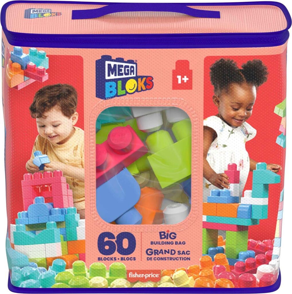 MEGA BLOKS Big Building Bag building set with 60 big and colorful building blocks, and 1 storage bag, toy gift set for ages 1 and up, DCH55