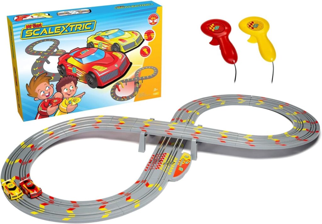 My First Scalextric - Mains Powered Race Sets - Slot Car Race Tracks for Kids Age 3+, Includes 1x Track Set, 1x Red Car, 1x Yellow Car, 1x Powerbase, 2x Speed Limiting Controllers  1x Transformer