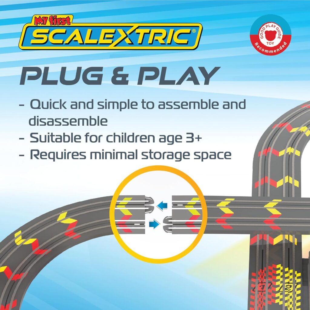 My First Scalextric - Mains Powered Race Sets - Slot Car Race Tracks for Kids Age 3+, Includes 1x Track Set, 1x Red Car, 1x Yellow Car, 1x Powerbase, 2x Speed Limiting Controllers  1x Transformer